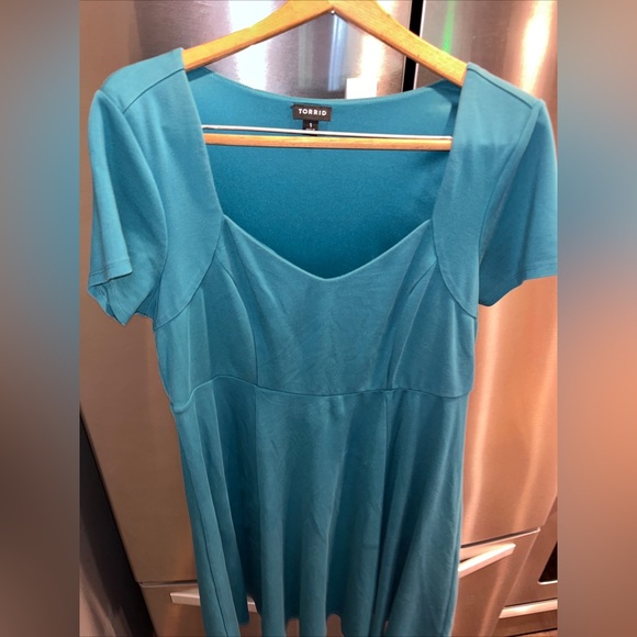 TORRID 1 Short Sleeves BLUE DRESS KNIT A LINE midi Sweetheart neck, Flared Skirt - Picture 10 of 14